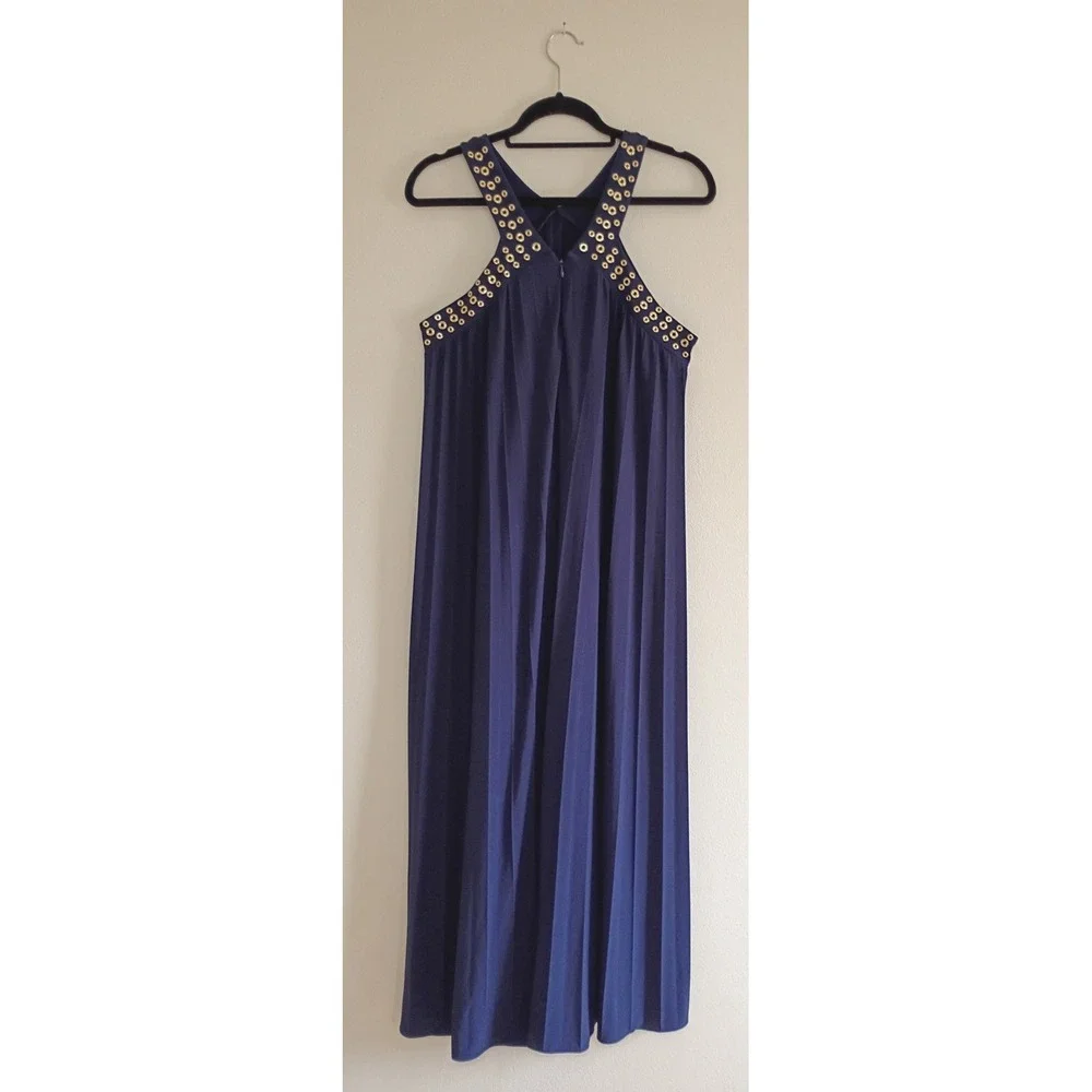 Michael Kors Womens Navy Blue Pleated Maxi Dress Gold Studded Halter Neck Size M